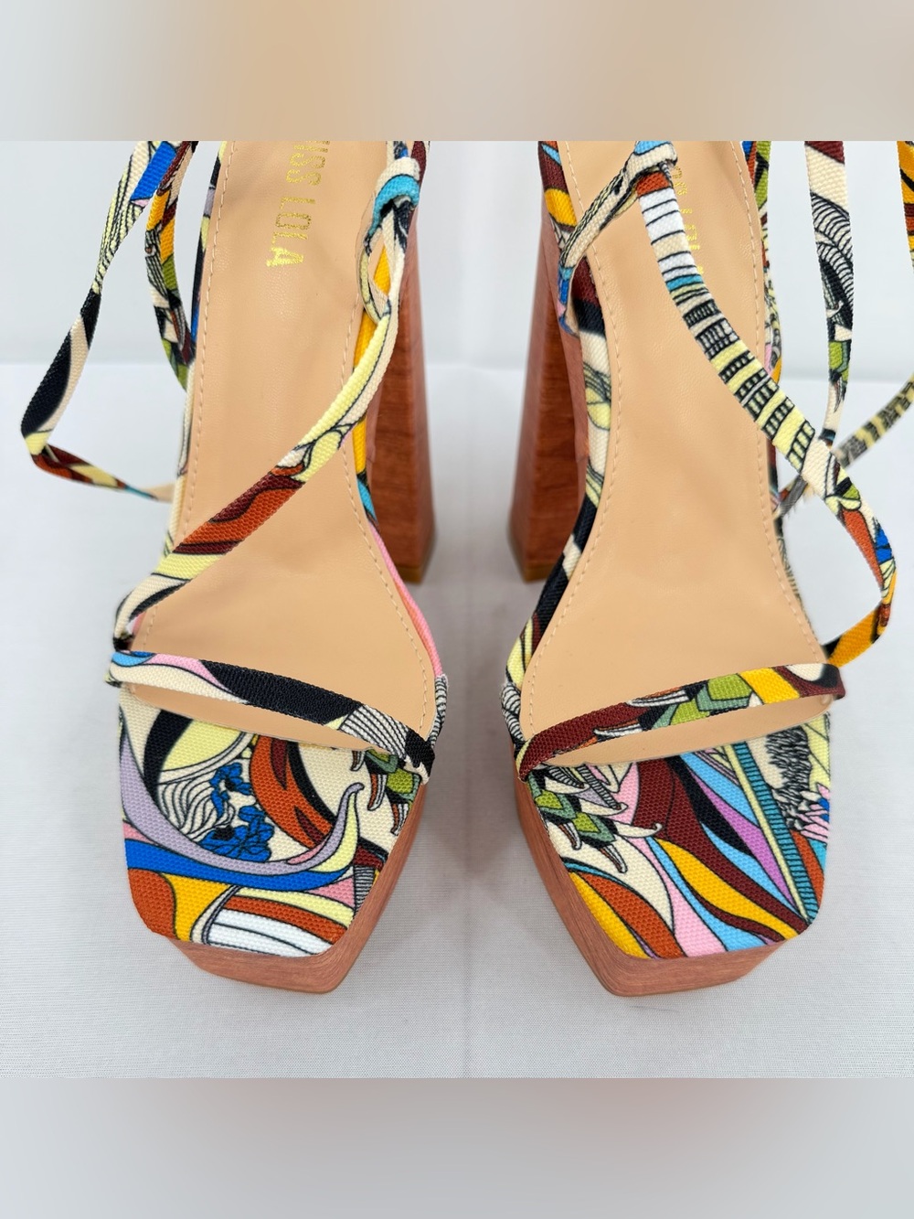 Resort Platform faux wood Block Heel Sandals Multicolor Vacation Heels 6.5 - Picture 12 of 13
